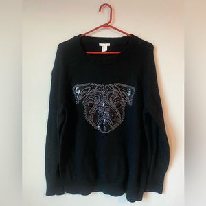 H&M Mama Sequin Bejeweled Pug Alpaca blend Black Sweater